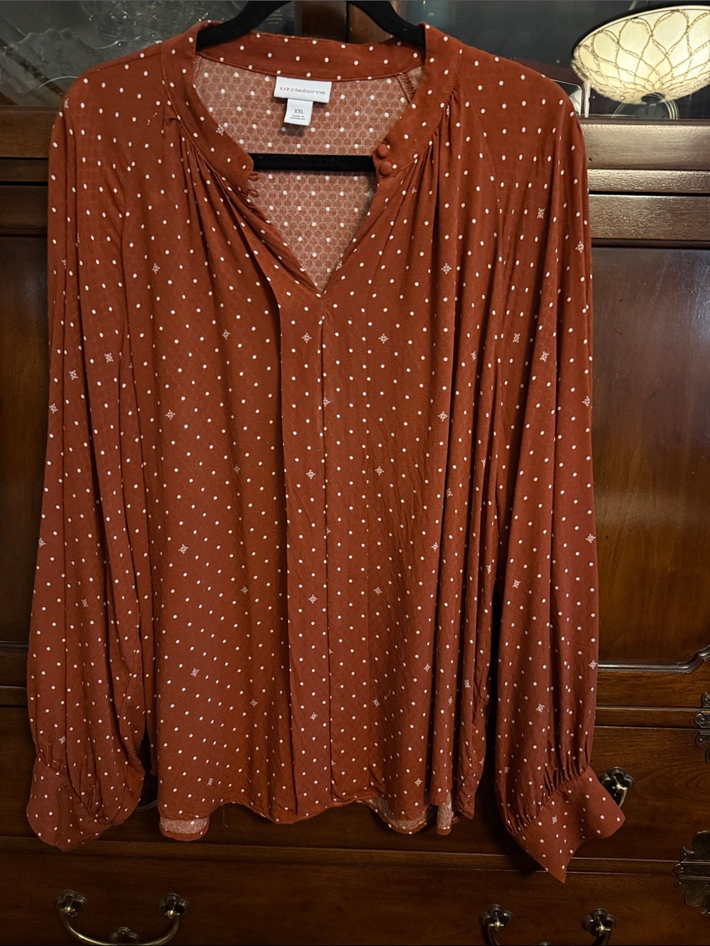 Liz Claiborne Rust Dot Print V-Neck Long Sleeve Blouse